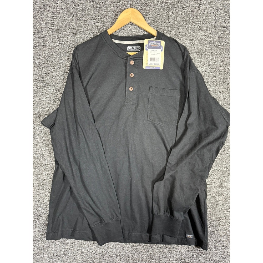Smiths Workwear Mens 2XL Black Long Sleeve Henley‎ Pocket Shirt S4643LS NWT